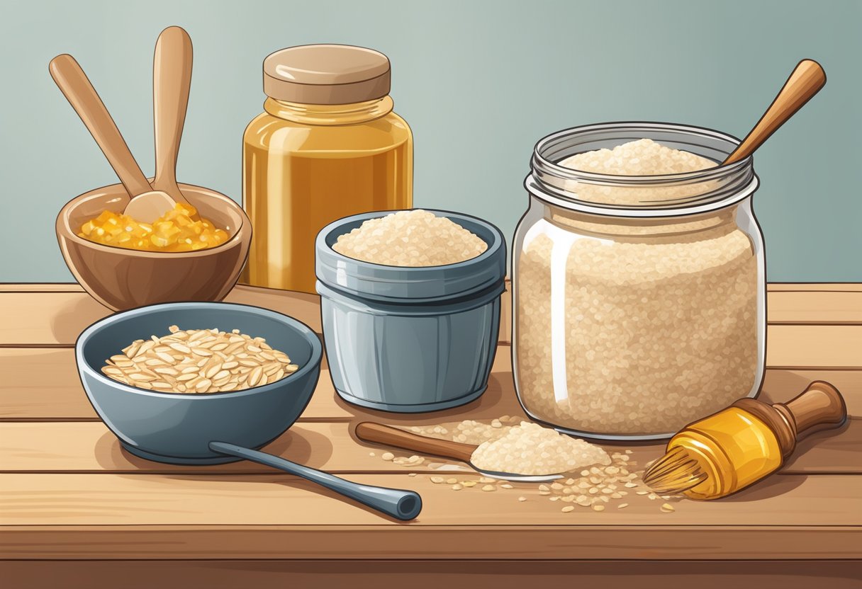 A jar of oatmeal and honey scrub sits on a wooden table, surrounded by ingredients like sugar and coconut oil. A mortar and pestle are nearby, ready for mixing