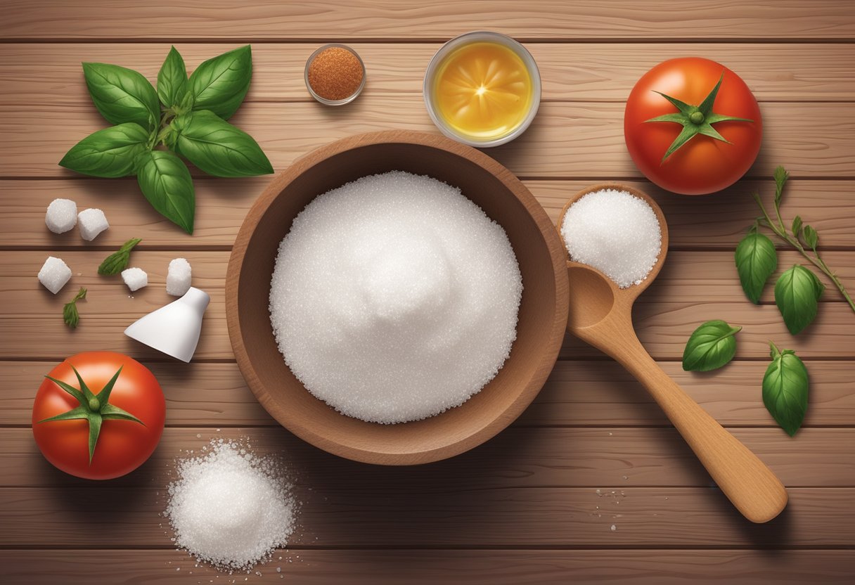 A bowl of tomato and sugar scrub sits on a wooden table, with ingredients scattered around. A mortar and pestle is used to mix the homemade face scrub