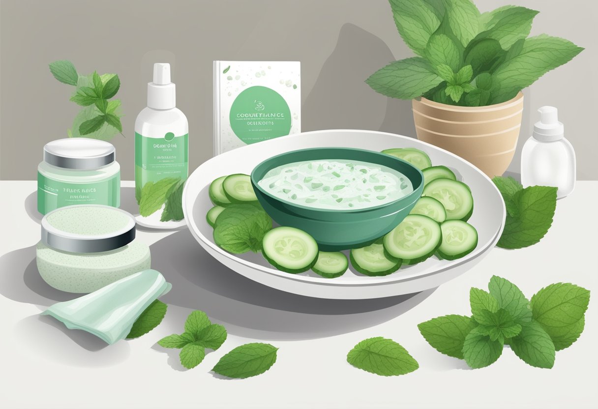 A bowl of mint leaves and sliced cucumber mixed with exfoliating ingredients, surrounded by skincare products and a recipe book on a clean, white countertop