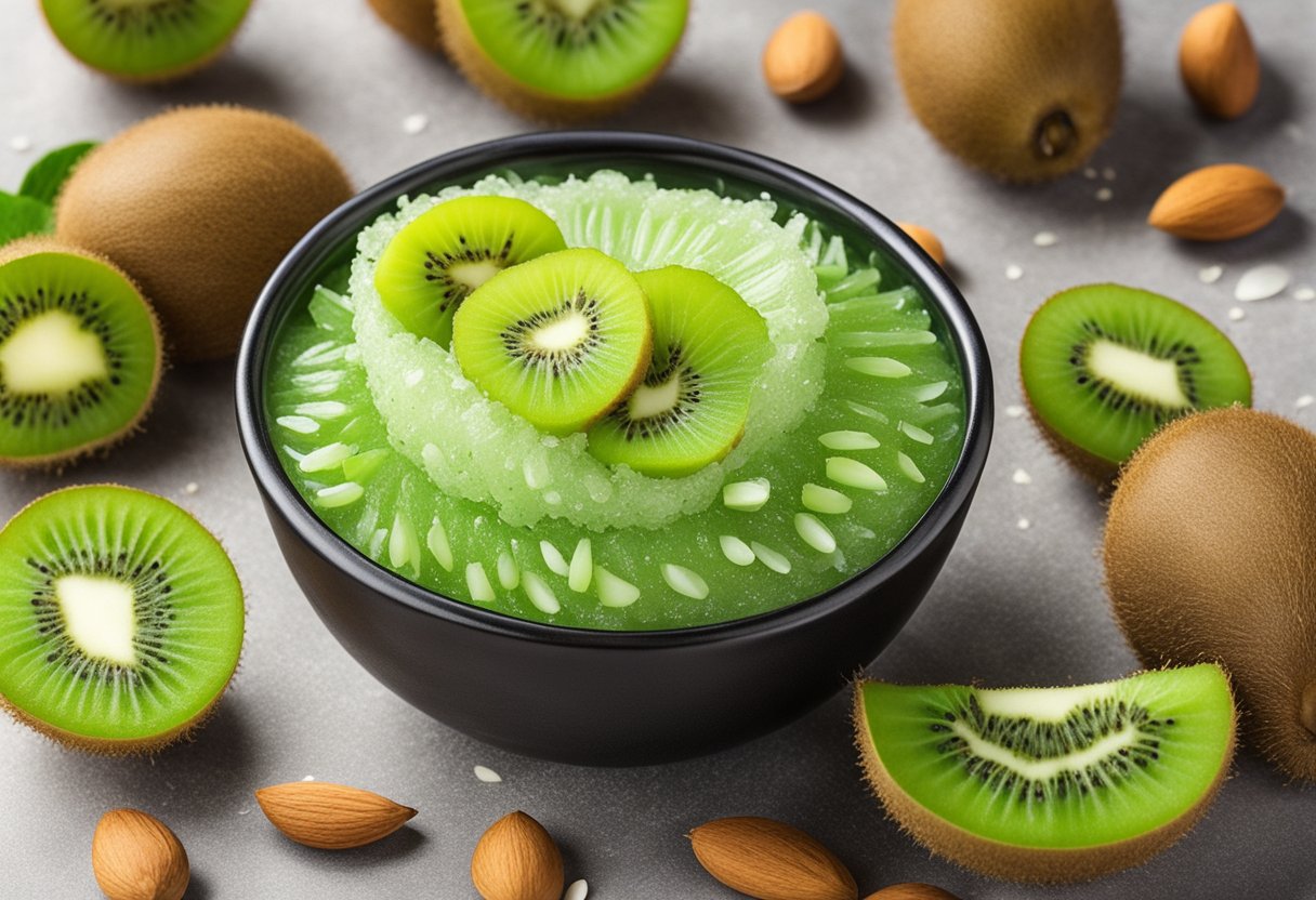 A bowl filled with kiwi and almond oil scrub, surrounded by fresh kiwi slices and almonds. Text "25 Best DIY Homemade Face Scrub Recipes For Blackheads" in the background