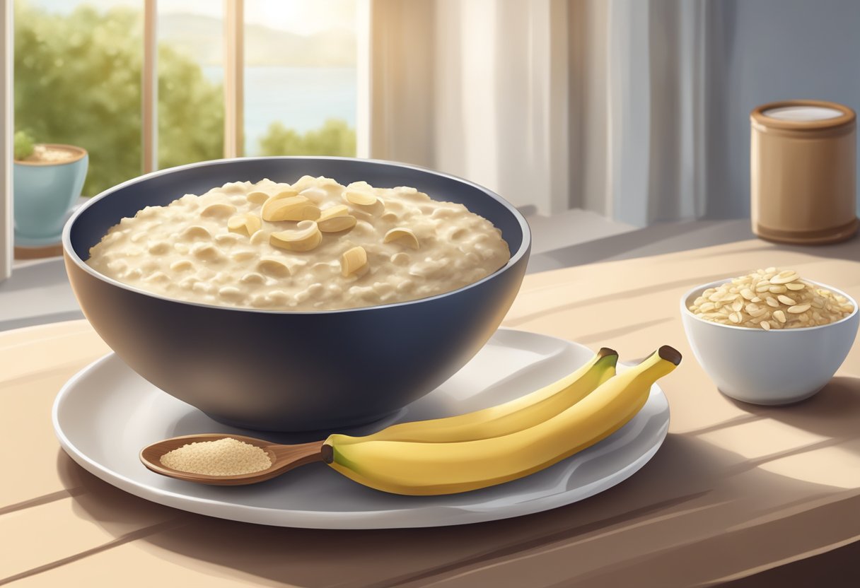 A bowl of mashed banana and oatmeal mixed together, with a spoon and measuring cups nearby. A soft, soothing atmosphere with natural lighting
