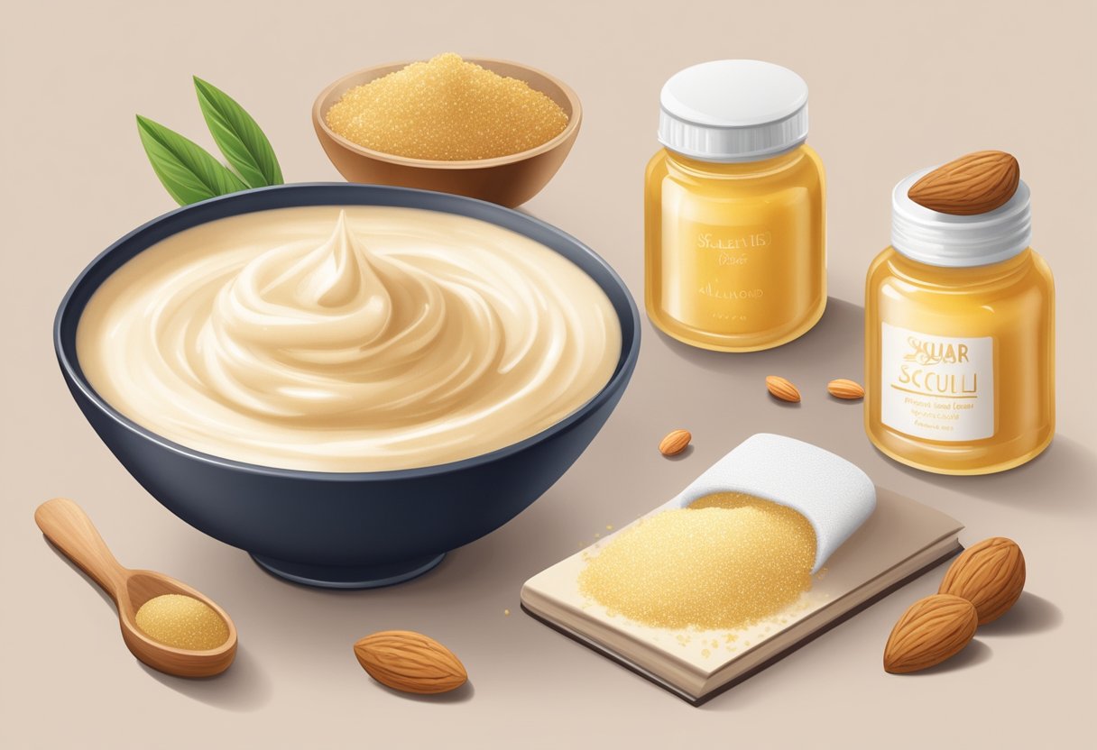 A bowl filled with cream and almond scrub, surrounded by ingredients like sugar and honey. A gentle exfoliating scrub recipe book lies open nearby