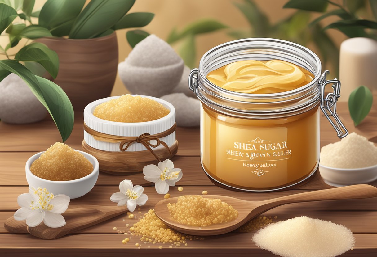 A jar of shea butter and brown sugar scrub sits on a wooden table surrounded by ingredients like honey and essential oils