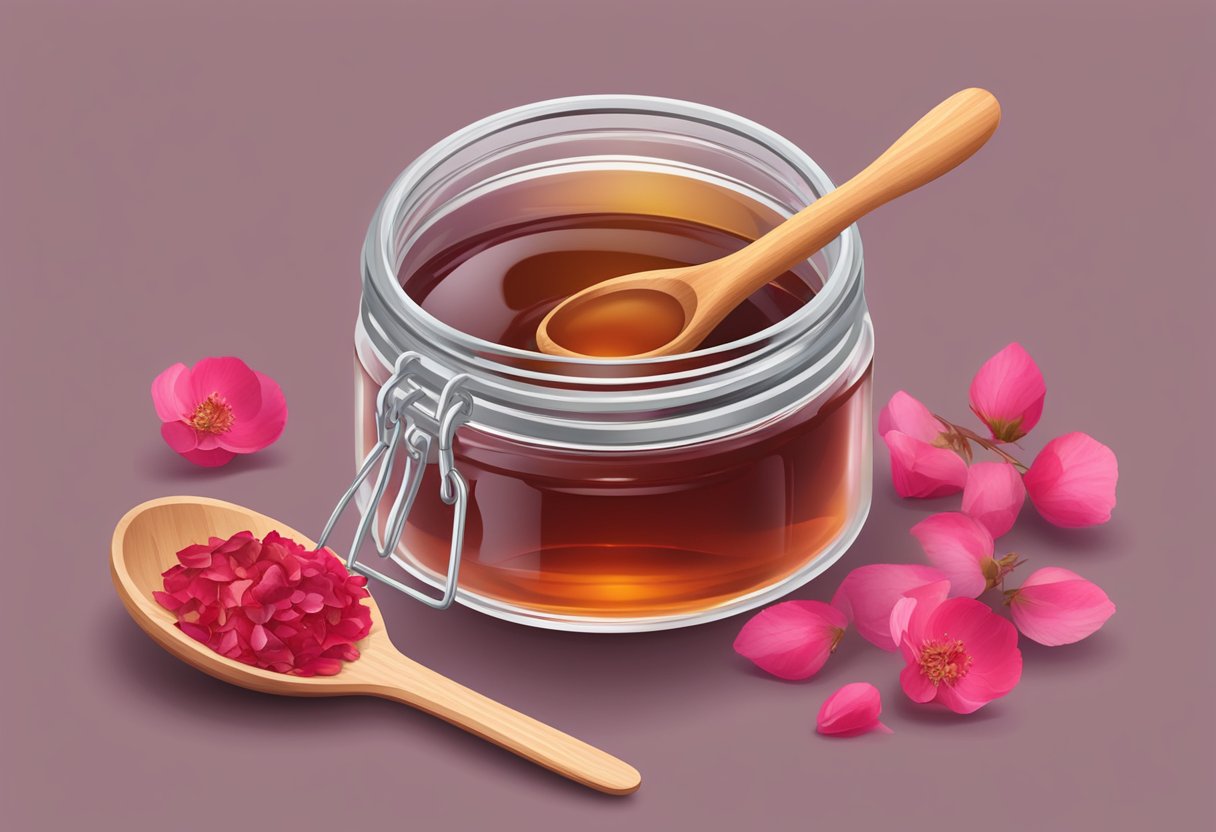 A glass jar filled with rosehip oil and sugar, surrounded by dried rose petals and a small wooden spoon
