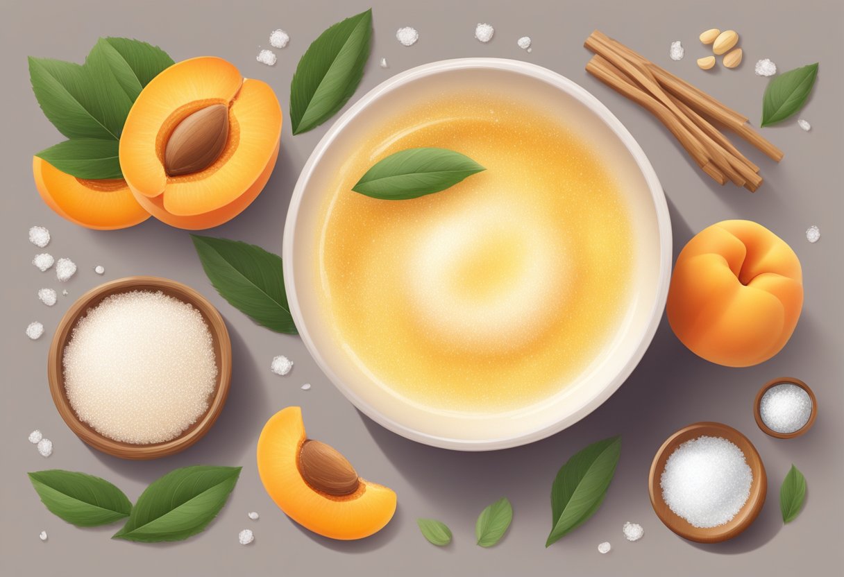 A bowl filled with apricot oil and salt, surrounded by ingredients for a homemade face scrub. A gentle glow illuminates the mixture, evoking a sense of moisture and richness