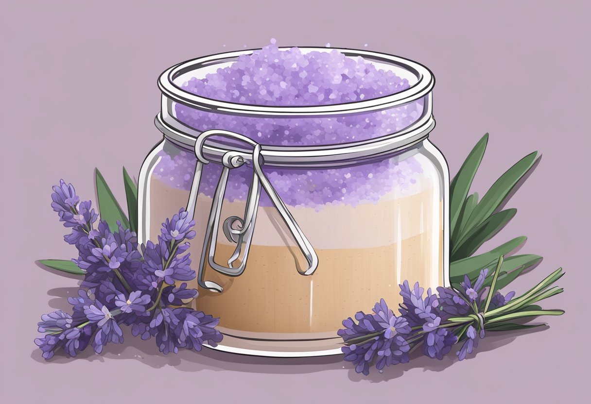 A glass jar filled with squalane and lavender sugar scrub sits on a wooden table, surrounded by scattered lavender flowers and a small scoop