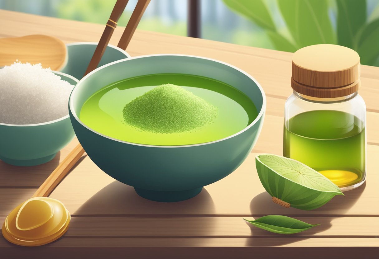 A small bowl of green tea and honey scrub sits on a wooden table, surrounded by ingredients like sugar and coconut oil. The natural light from a nearby window illuminates the scene