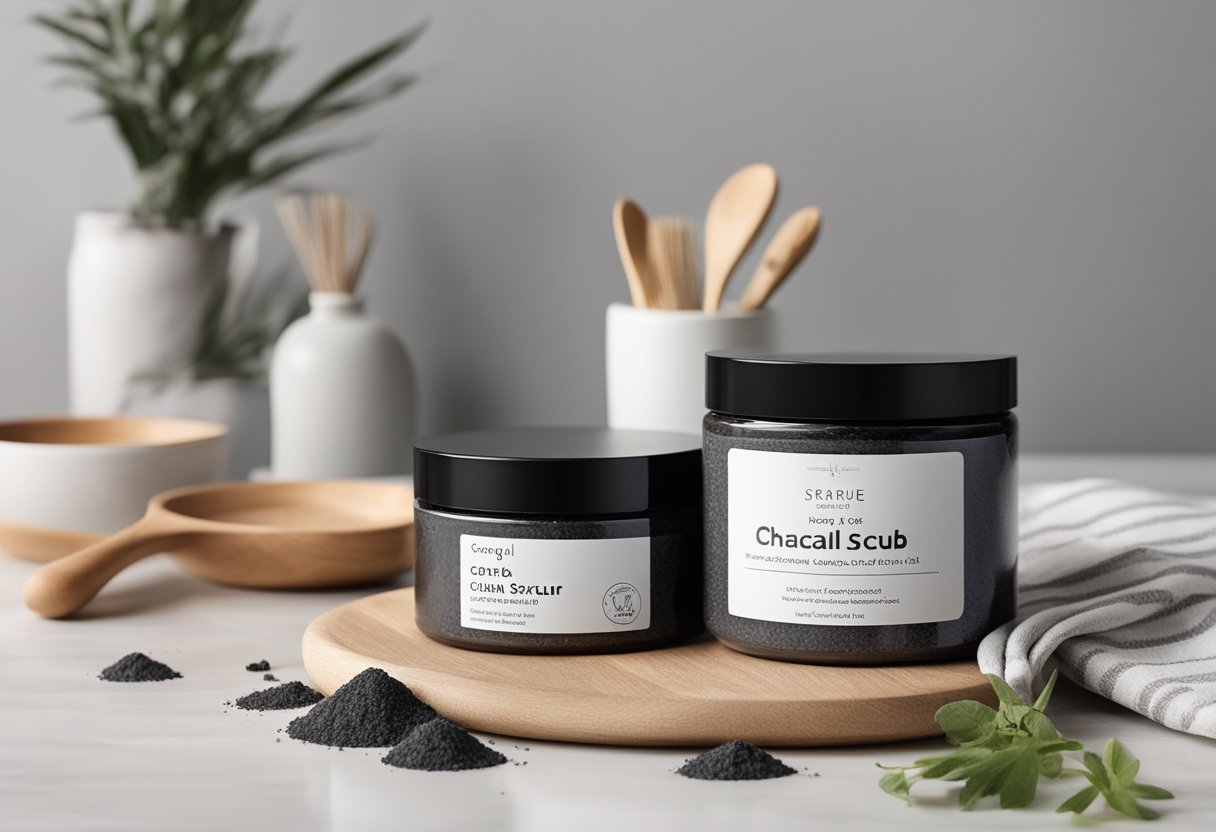 A bowl of charcoal and sugar scrub sits on a clean, white countertop, surrounded by various ingredients and utensils. The scrub has a grainy texture and a dark color, with a label indicating its purpose for deep-cleansing oily skin