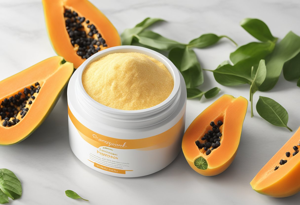 A bowl of papaya enzyme and cornmeal scrub sits on a clean, white countertop, surrounded by fresh papaya and cornmeal. The natural ingredients glisten in the light, ready to be mixed into a softening facial scrub