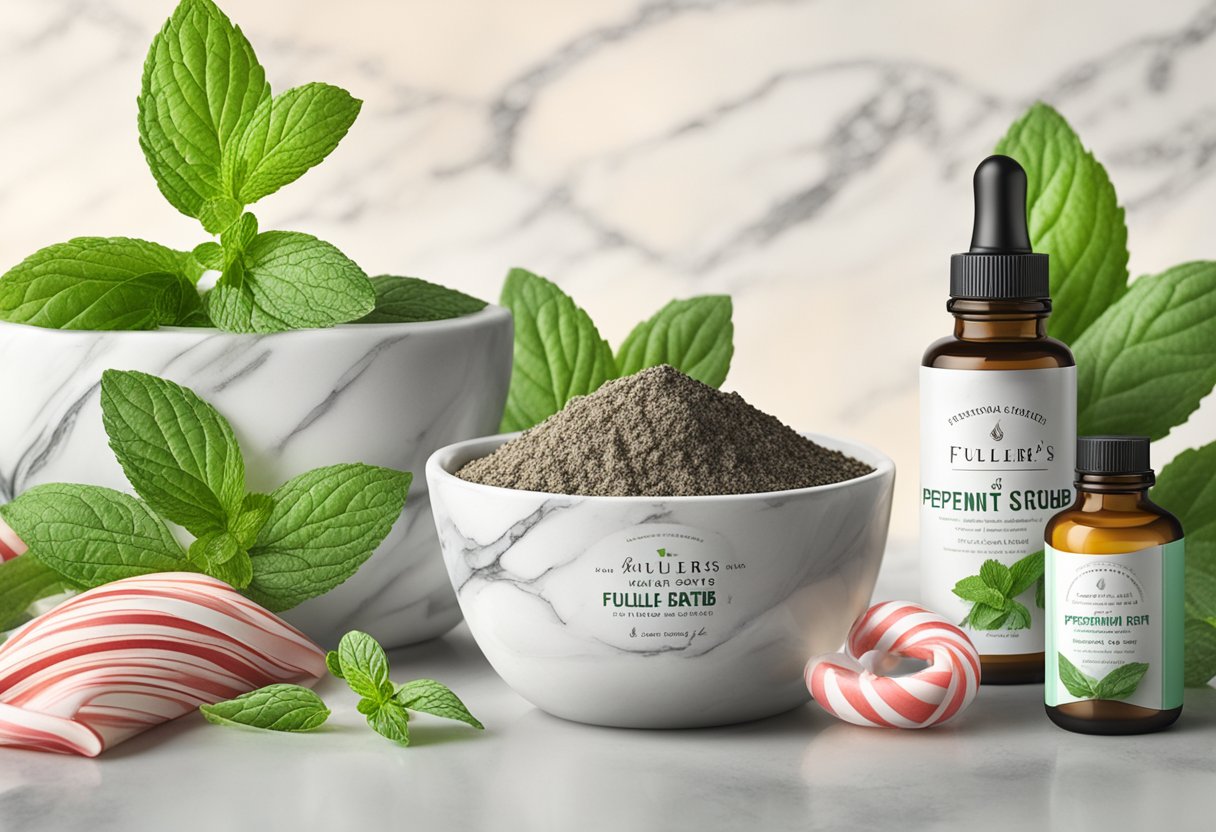 A bowl of peppermint and fuller's earth scrub sits on a marble countertop, surrounded by fresh ingredients and essential oils