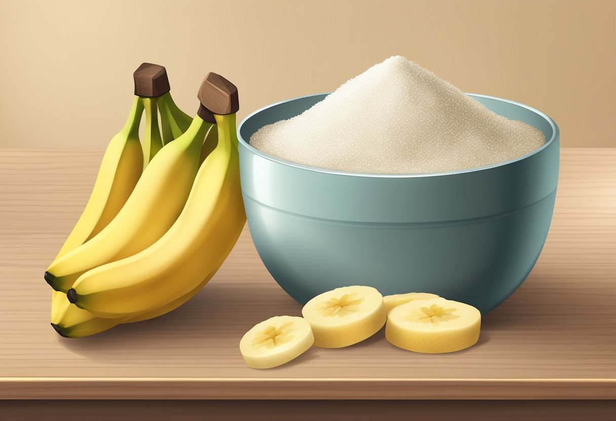 A ripe banana and sugar are mixed in a bowl, creating a gentle scrub. Other ingredients and containers are arranged neatly on a clean countertop