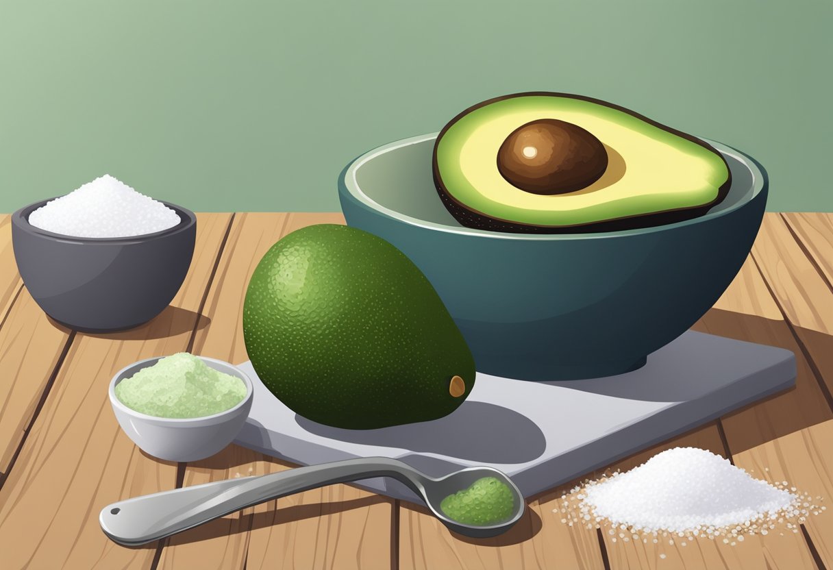 A ripe avocado sits on a wooden surface next to a small dish of salt. A mixing bowl and spoon are nearby, along with other ingredients for a homemade face scrub