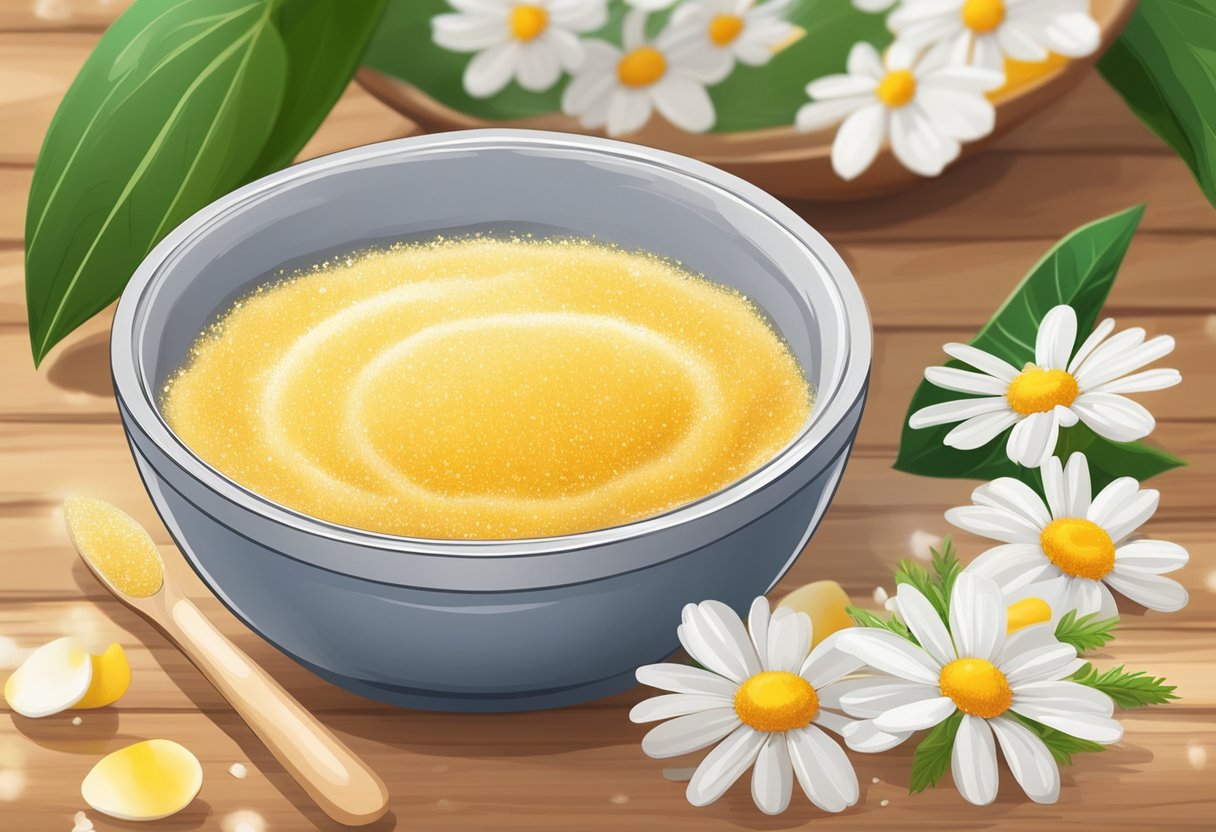 A bowl of homemade face scrub sits on a wooden table surrounded by fresh mango and chamomile flowers. A gentle exfoliating texture is evident in the mixture
