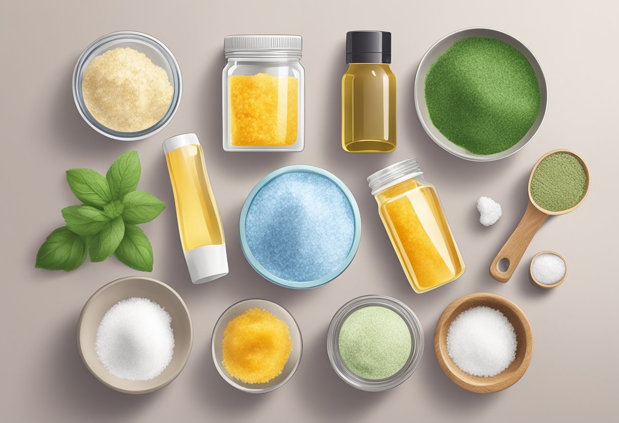 A variety of ingredients and containers arranged on a clean, well-lit surface for making homemade face scrub