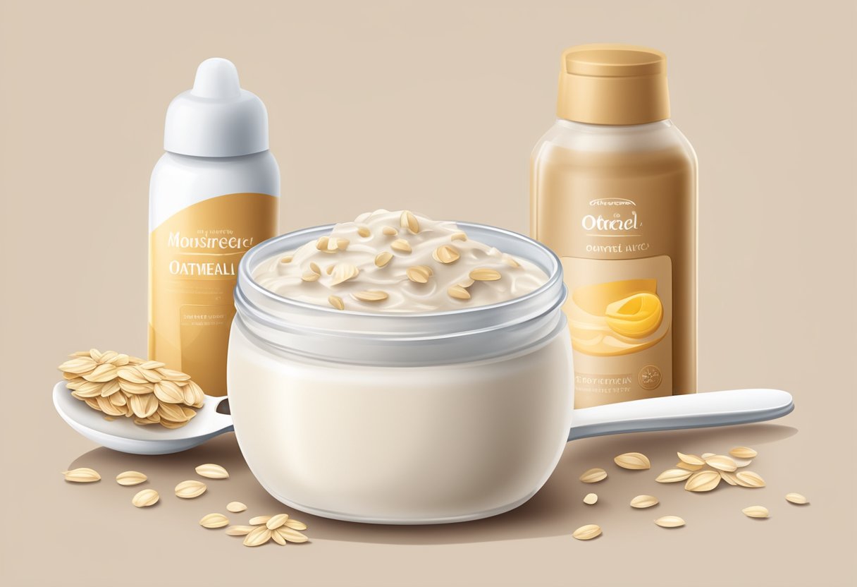 A bowl of oatmeal and yogurt mixed together, with a spoon and a jar of moisturizer next to it
