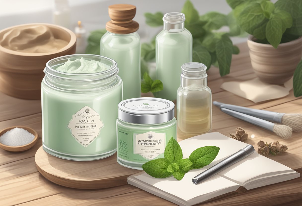 A glass jar filled with kaolin clay and peppermint oil lotion sits on a wooden table, surrounded by ingredients and recipe notes