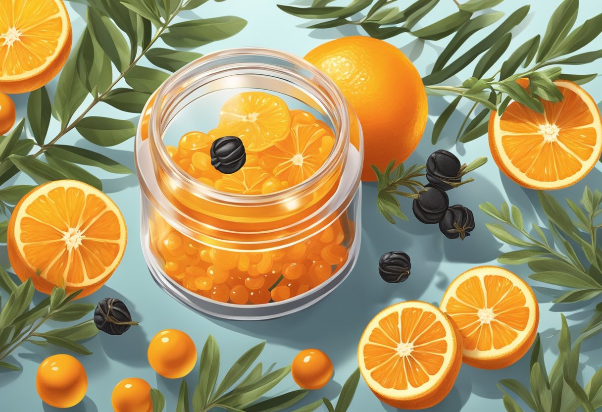 A glass jar filled with bright orange gel, surrounded by sea buckthorn berries and licorice roots. Sunshine illuminates the scene, highlighting the natural ingredients