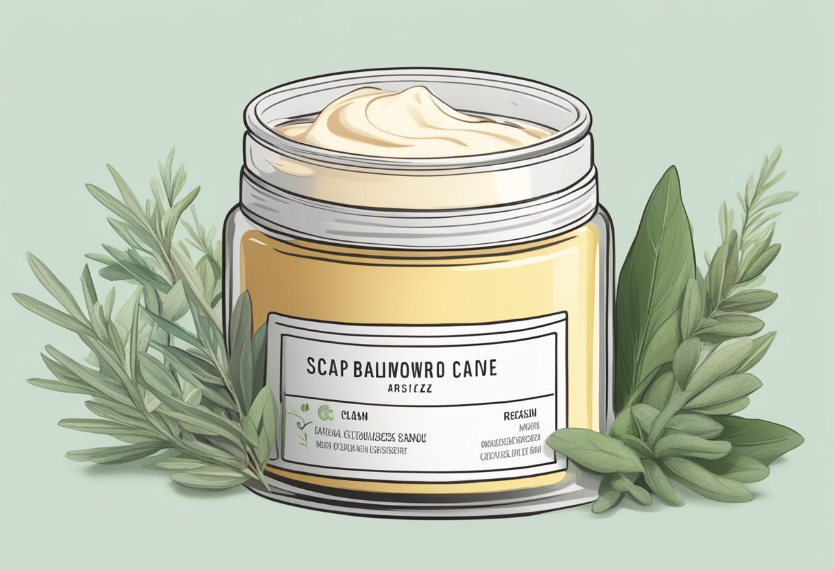 A jar of scalp balancing cream surrounded by cedarwood and sage. A stack of DIY moisturizer recipes for oily skin in the background