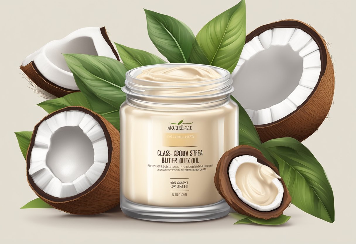 A glass jar filled with creamy white zinc oxide and shea butter foundation, surrounded by organic ingredients like coconut oil, cocoa powder, and essential oils