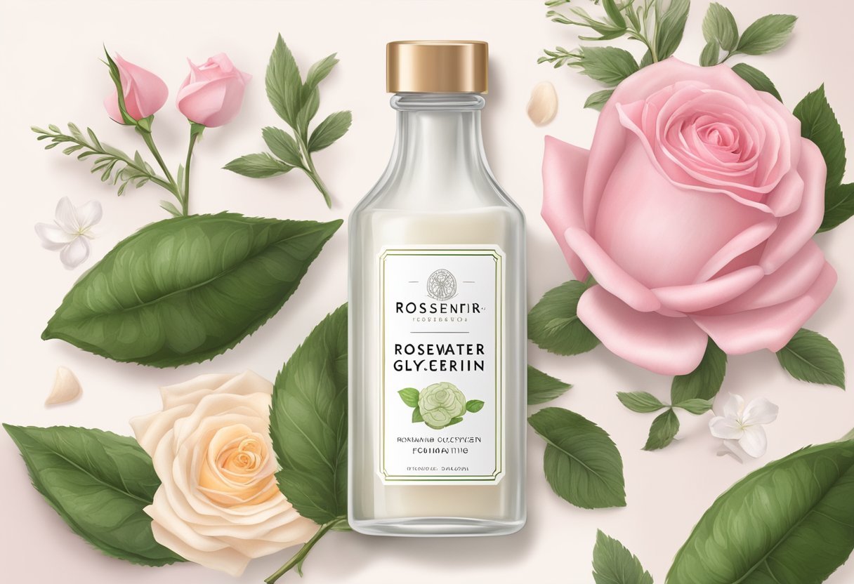 A clear glass bottle with a label reading "Rosewater And Glycerin Hydrating Foundation" surrounded by fresh organic ingredients like roses, glycerin, and other natural elements