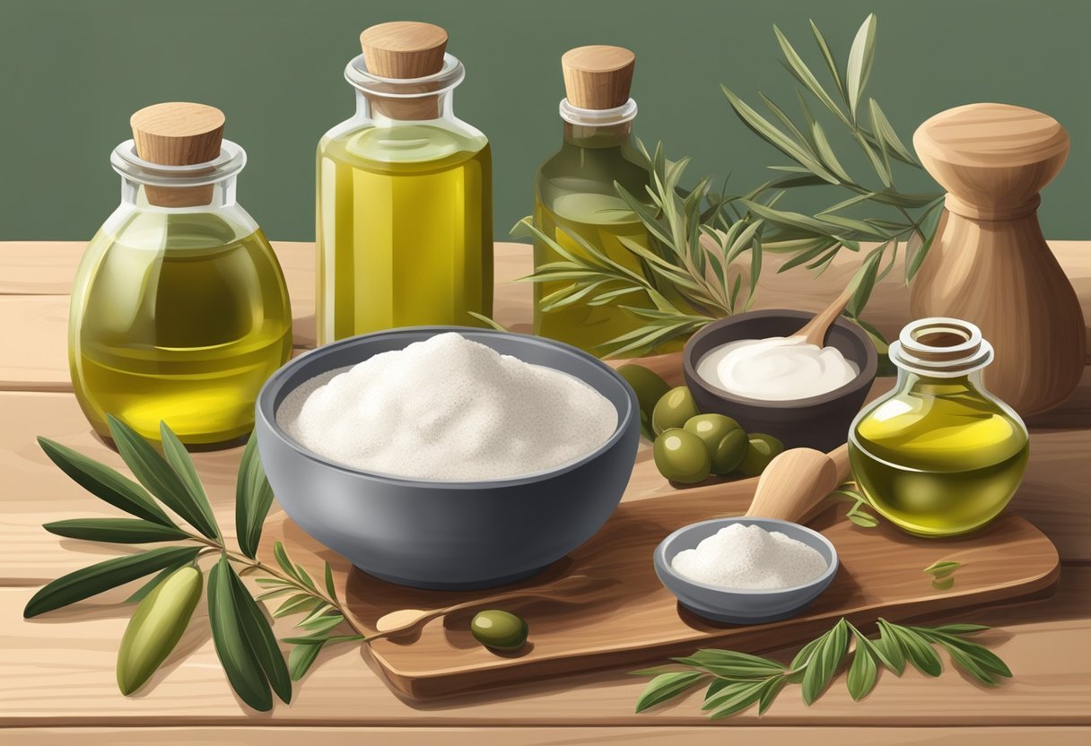 A glass jar of olive oil and kaolin clay sits on a wooden table surrounded by various natural ingredients and essential oils