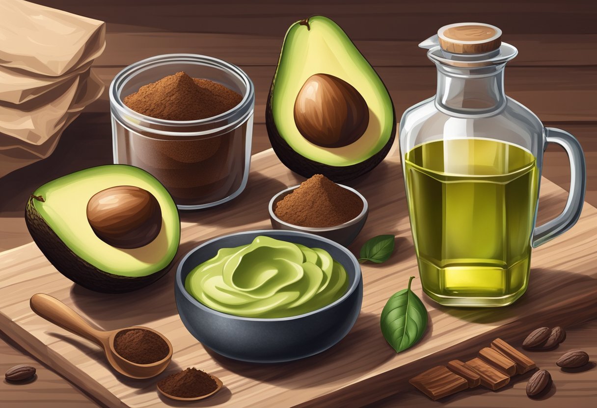 A glass bottle of avocado oil and a bowl of cocoa powder sit on a wooden table, surrounded by various ingredients and utensils