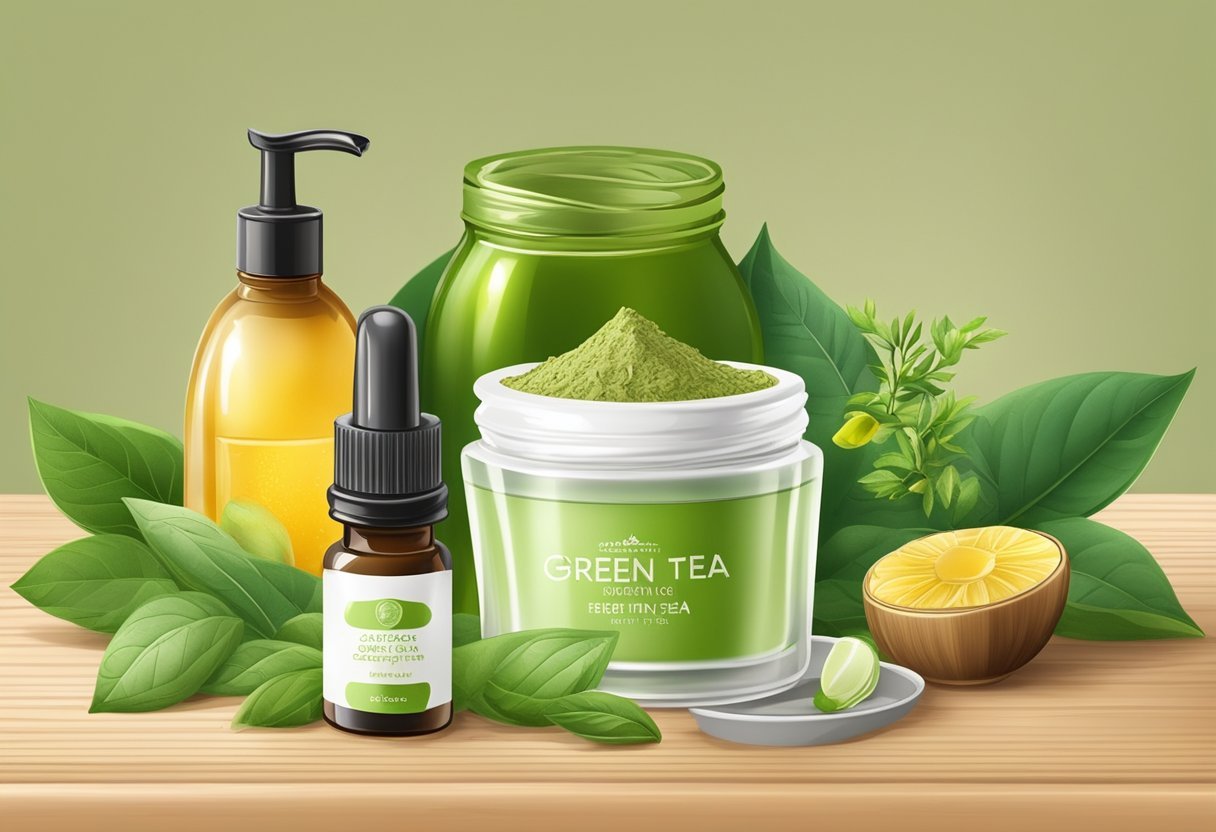 A small glass jar of green tea and honey BB cream surrounded by fresh organic ingredients and essential oils on a wooden table
