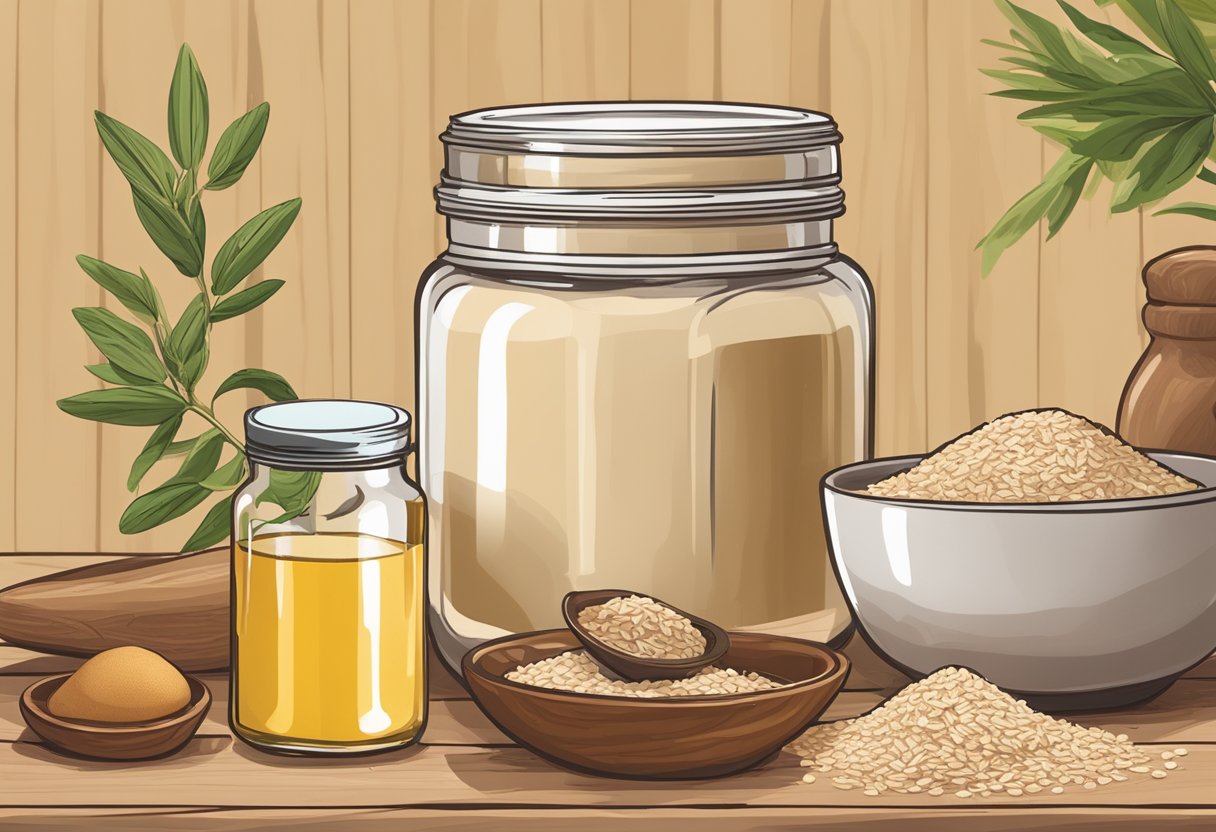 A glass jar of argan oil and a bowl of oat flour sit on a wooden table, surrounded by various organic ingredients. A recipe book titled "25 Best DIY Homemade Organic Foundation Recipes" is open next to them