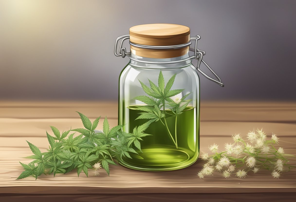 A glass jar filled with hemp seed oil and cornstarch sits on a rustic wooden table, surrounded by fresh herbs and flowers