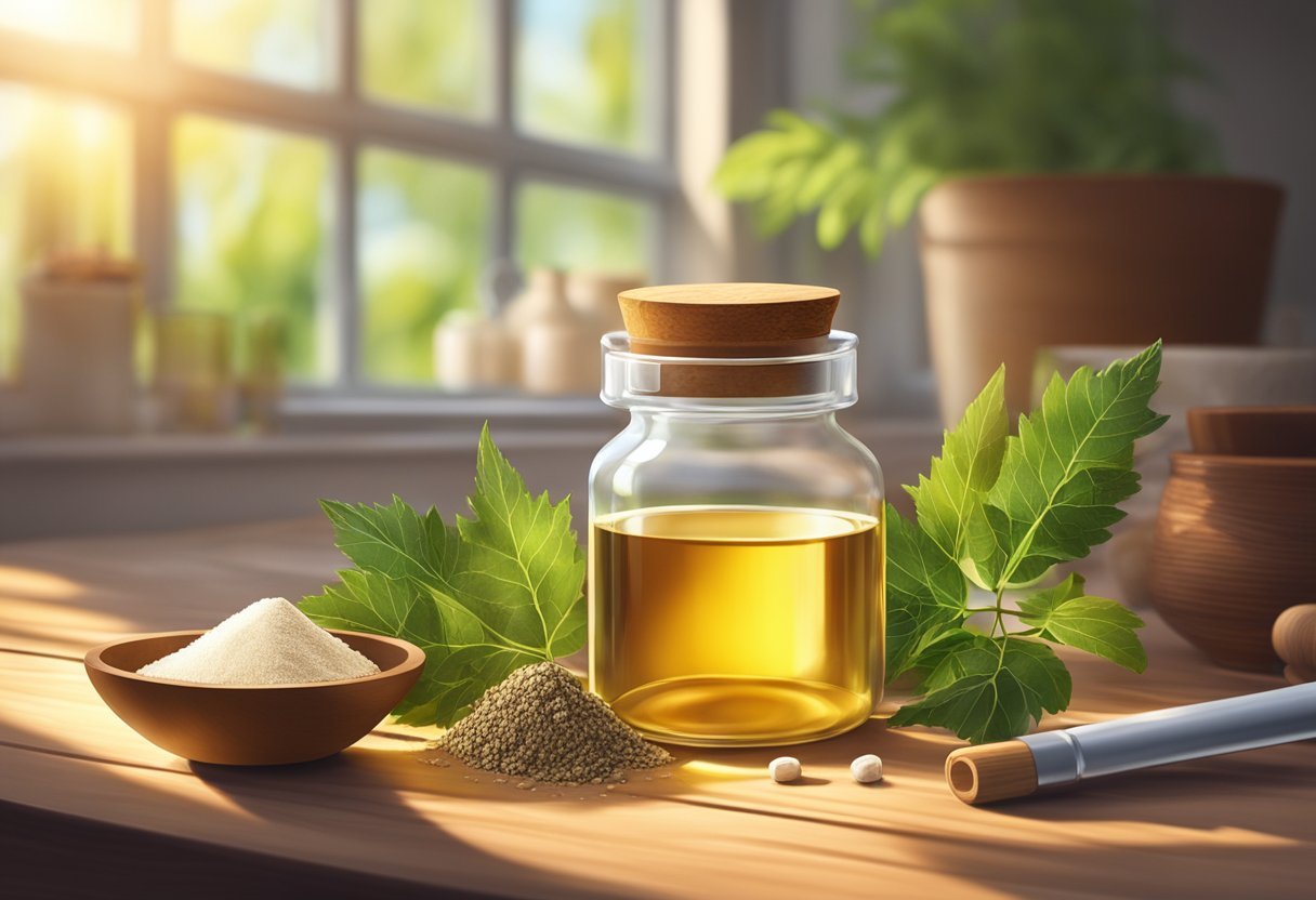 A glass jar of castor oil and alum powder sits on a wooden table, surrounded by various organic ingredients. Sunlight filters through the window, casting a warm glow on the ingredients