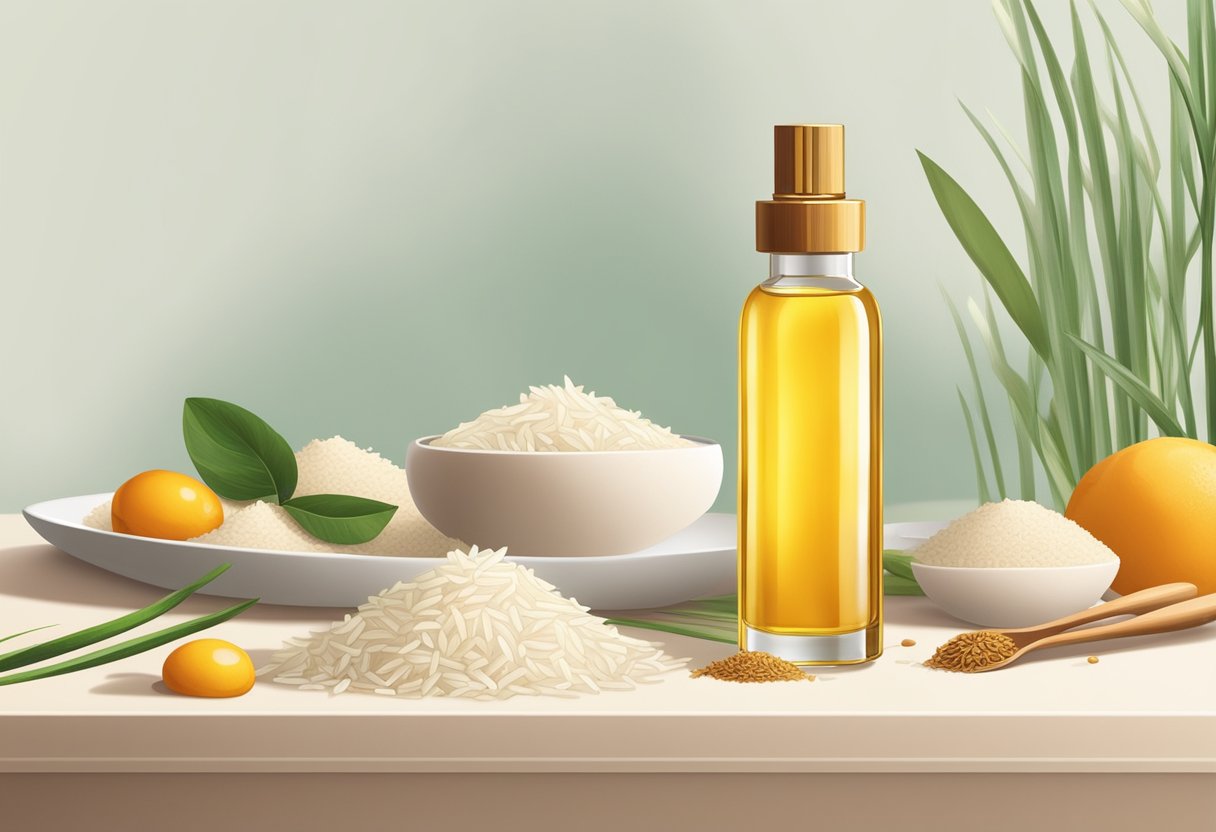 A glass bottle of rice bran oil and saffron glow foundation surrounded by various organic ingredients and essential oils on a clean, minimalist table