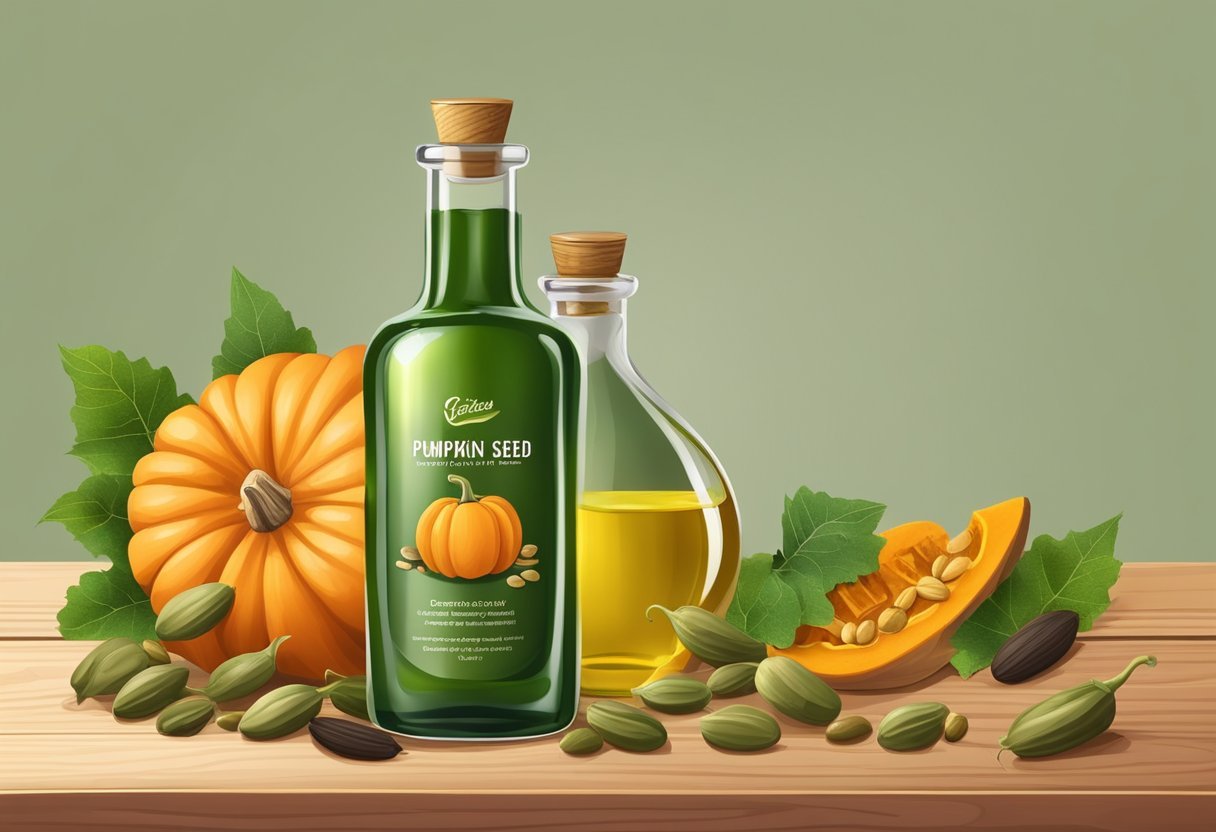 A glass bottle of pumpkin seed oil and cloves surrounded by organic ingredients on a wooden table