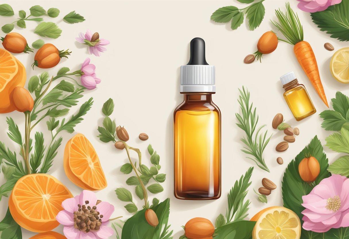 A clear glass bottle with a dropper dispenses carrot seed oil and rose hip oil, surrounded by fresh organic ingredients and essential oils