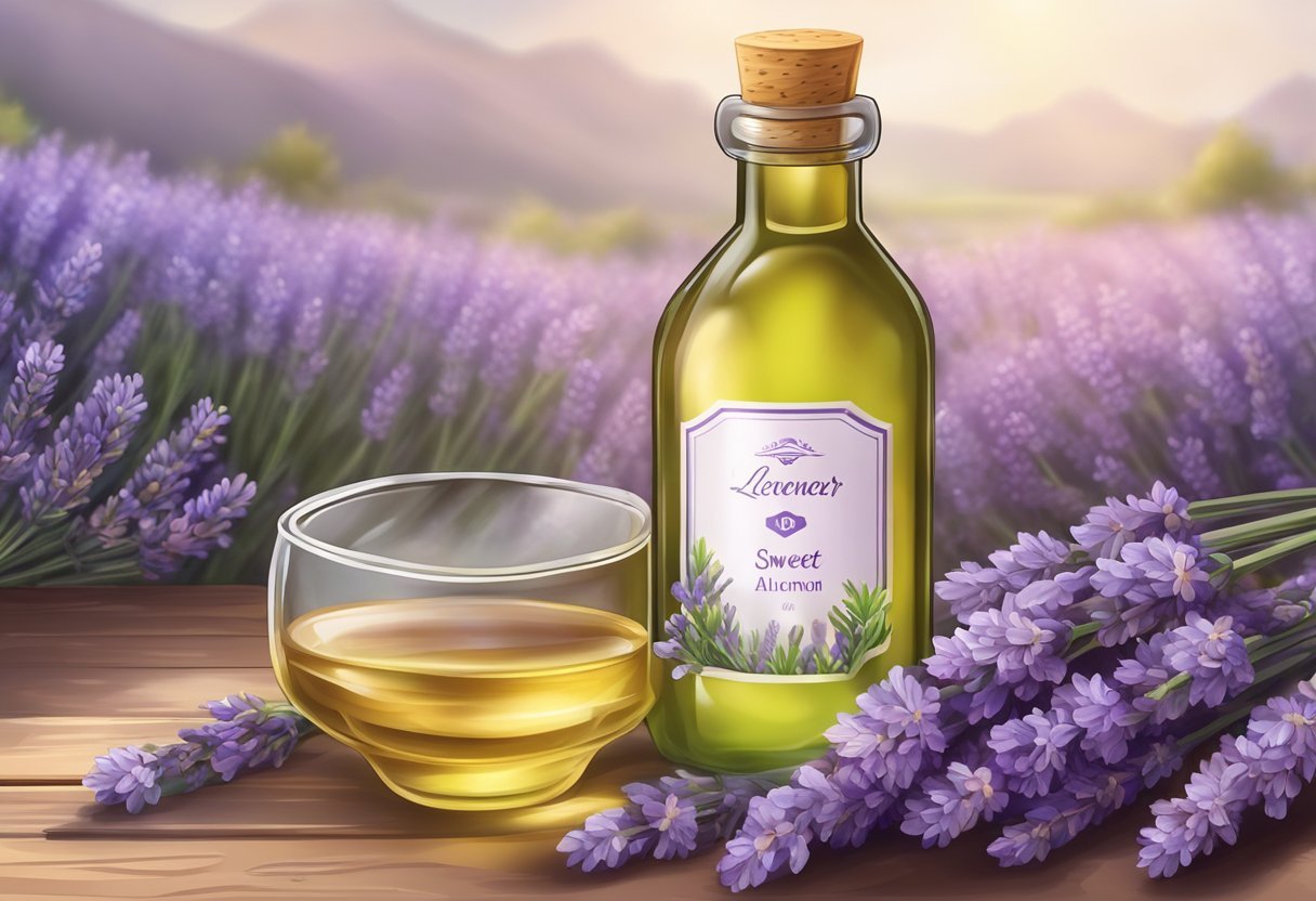 A glass bottle of sweet almond oil and lavender sits on a wooden table surrounded by fresh lavender flowers and almonds
