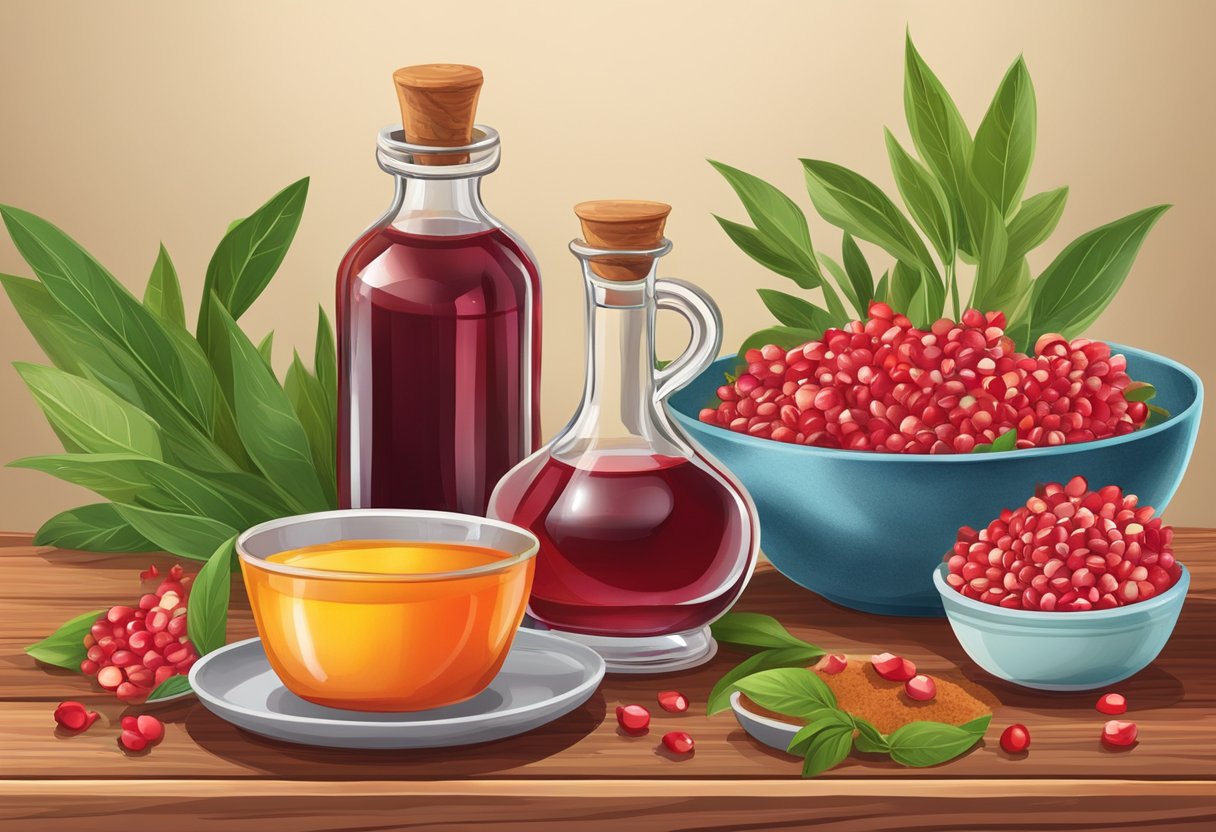A glass bottle of pomegranate seed oil and a bowl of paprika sit on a wooden table, surrounded by fresh organic ingredients
