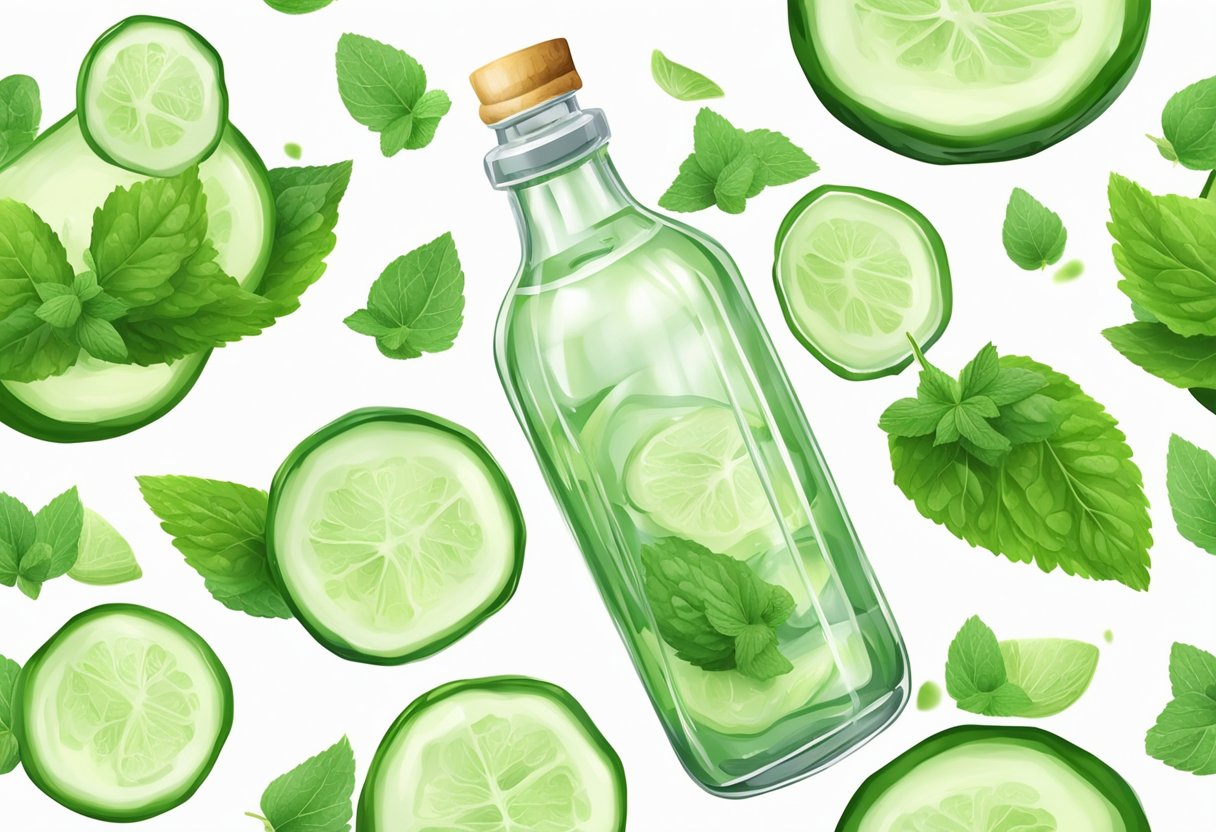 A clear glass bottle with cucumber and mint astringent, surrounded by fresh cucumber slices and mint leaves on a clean, white background