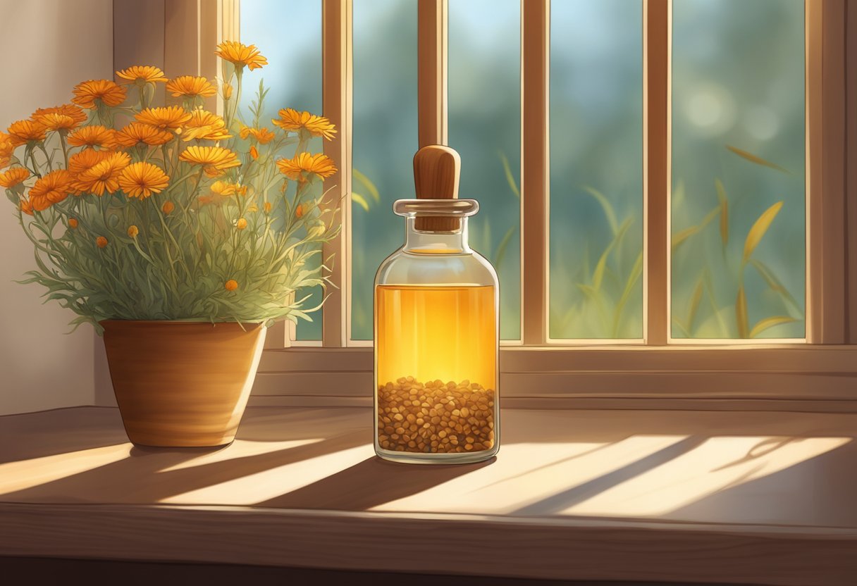 A glass bottle of healing bath oil sits on a wooden shelf, surrounded by dried calendula flowers and jojoba seeds. The warm glow of sunlight filters through the window, illuminating the soothing ingredients