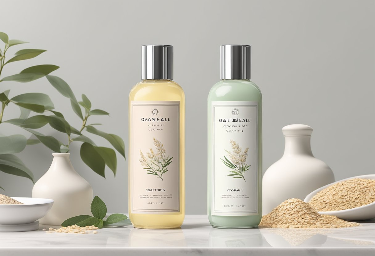 A clear glass bottle sits on a white marble countertop, filled with creamy oatmeal and milk soothing bath oil. A soft, pastel-colored label adorns the bottle, hinting at the luxurious and calming properties of the homemade concoction