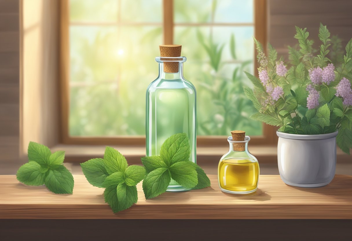 A clear glass bottle with peppermint and grapeseed oil sits on a wooden shelf, surrounded by dried herbs and flowers. A soft, natural light illuminates the scene