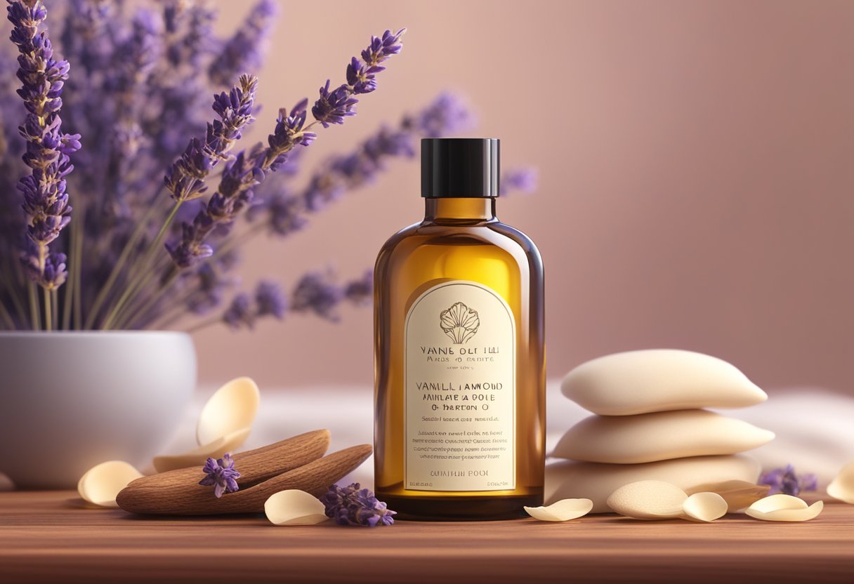 A bottle of Vanilla and Sweet Almond Oil bath oil sits on a wooden shelf, surrounded by dried lavender and rose petals. A soft, warm light illuminates the scene, creating a feeling of relaxation and comfort