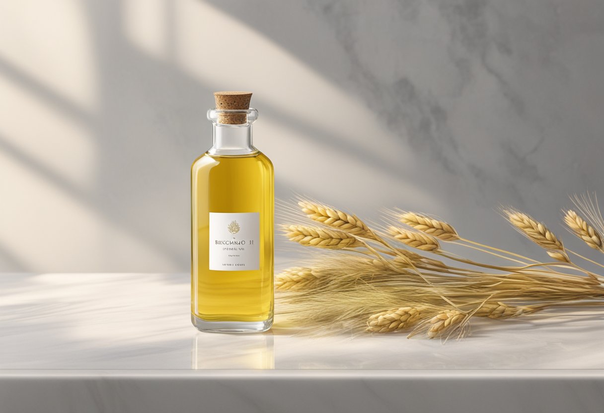 A clear glass bottle filled with Bergamot and Wheat Germ Oil bath oil sits on a white marble countertop, surrounded by dried flowers and herbs. A soft, natural light illuminates the scene, creating a serene and calming atmosphere