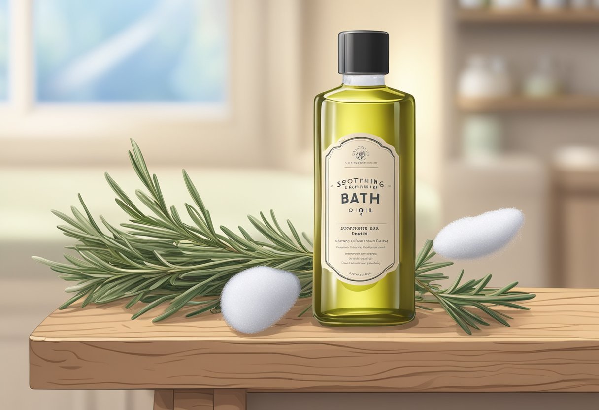 A glass bottle of homemade bath oil sits on a wooden shelf, surrounded by dried rosemary and castor oil. The label reads "Soothing Bath Oil for Dry Skin."