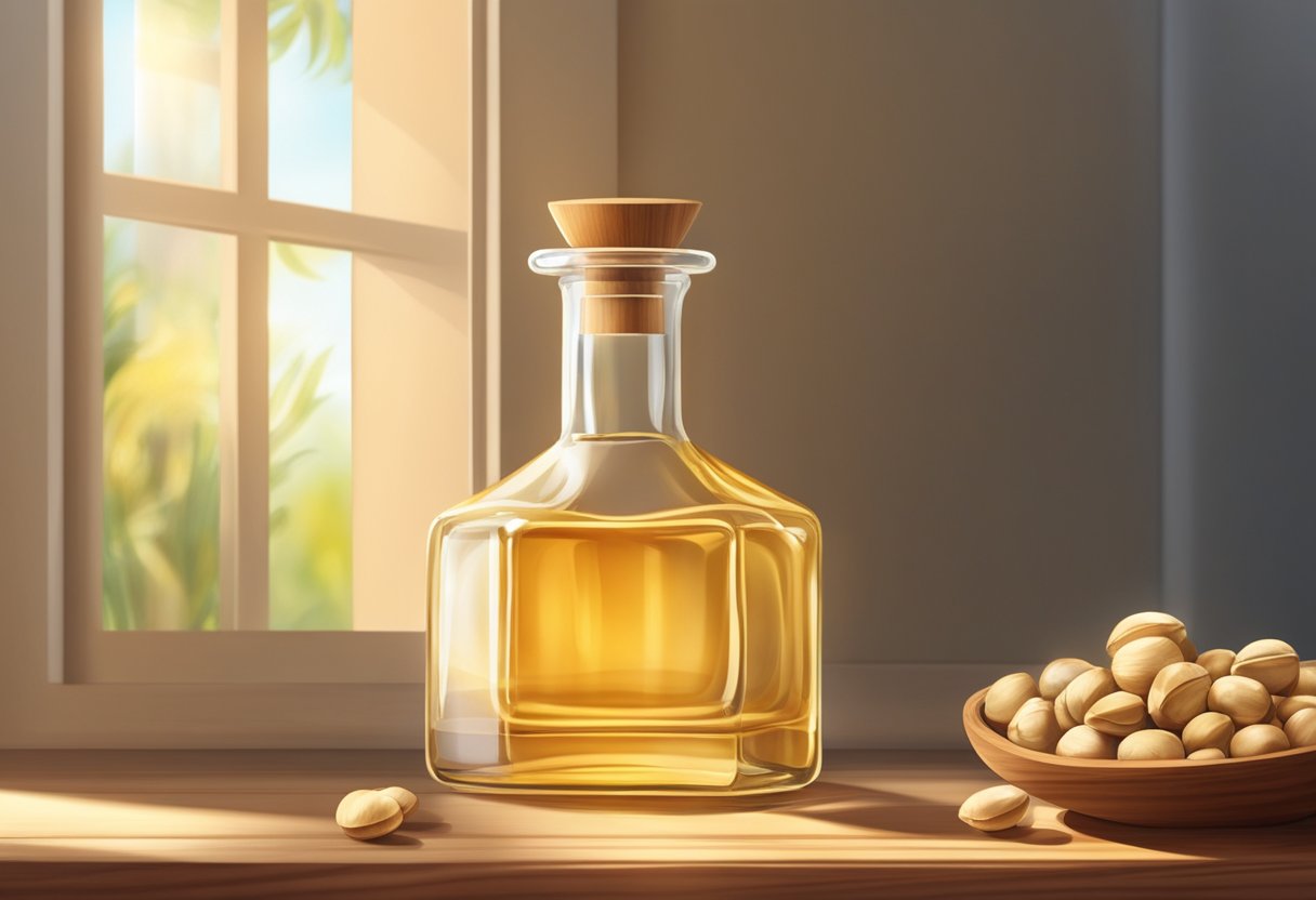 A glass bottle of bath oil sits on a wooden shelf, surrounded by sandalwood and macadamia nuts. Sunlight filters through the window, casting a warm glow on the bottle