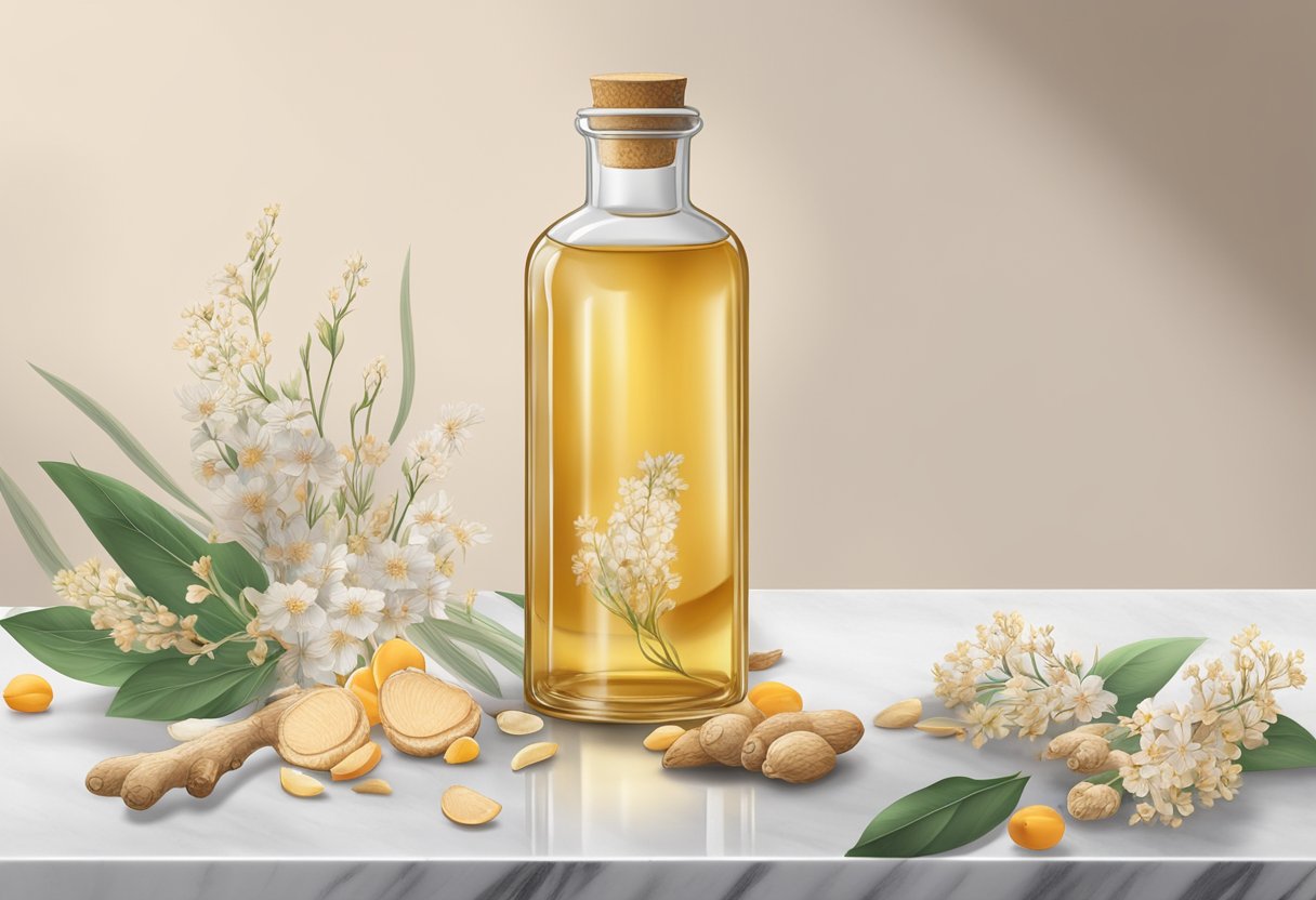 A clear glass bottle filled with ginger and apricot kernel oil sits on a marble countertop, surrounded by scattered dried flowers and herbs