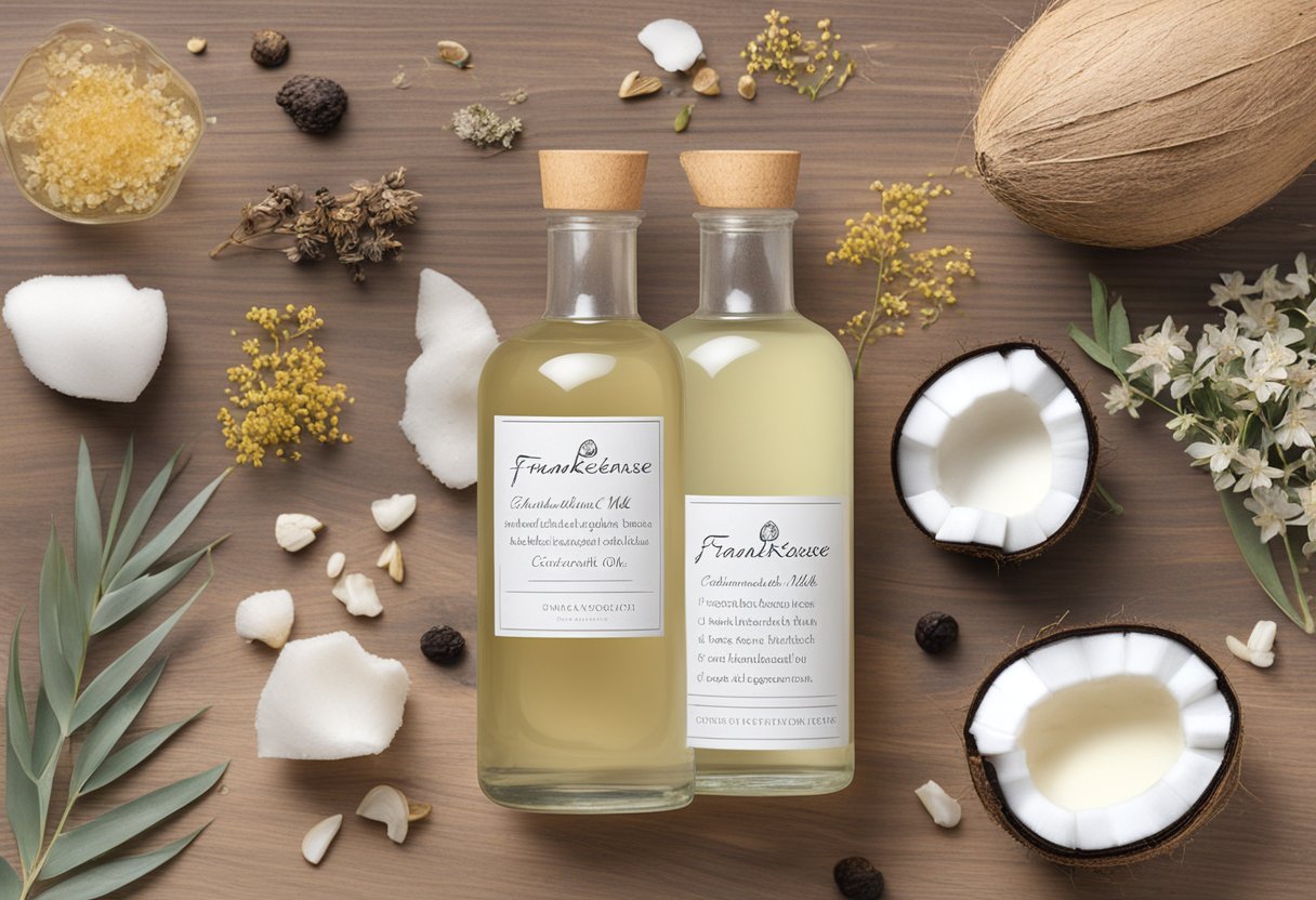 A clear glass bottle of Frankincense and Coconut Milk Spiritual Bath Oil sits on a wooden shelf, surrounded by dried flowers and herbs. The label is hand-written in elegant script, with the ingredients listed in small print below