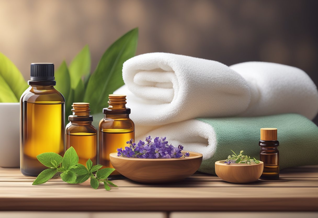 A variety of essential oil bottles and natural ingredients arranged on a wooden table, with a soft towel and a bath tub in the background
