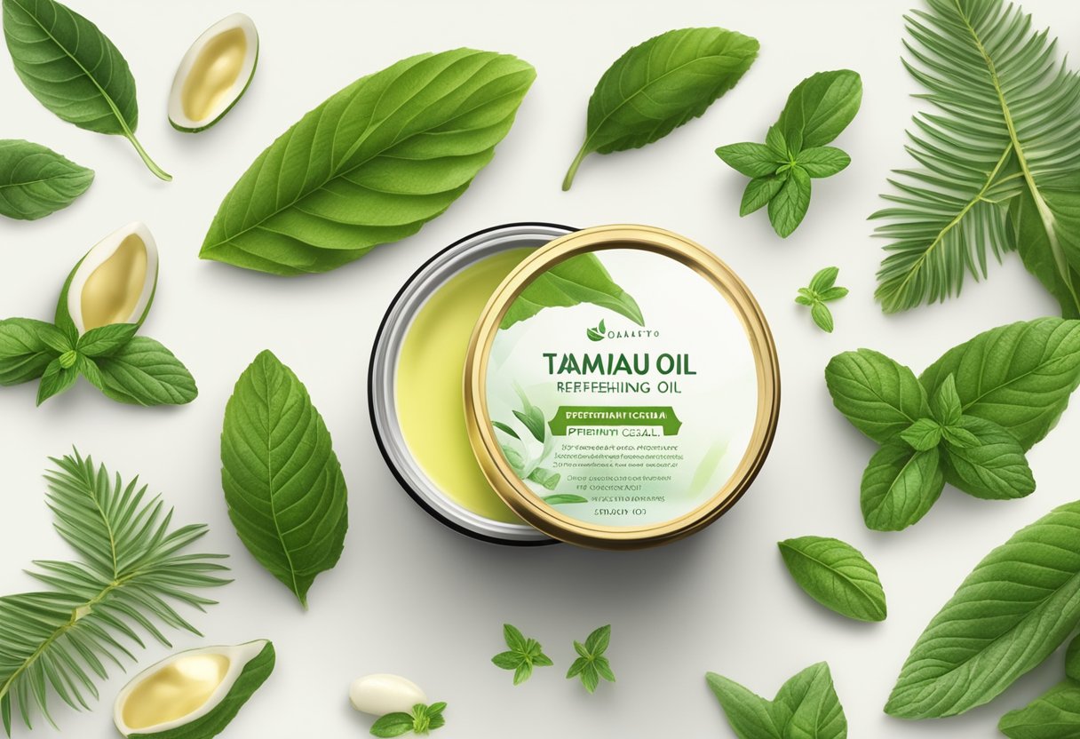 A jar of Tamanu Oil and Peppermint Refreshing Cream surrounded by various natural ingredients like shea butter, coconut oil, and essential oils on a clean, white countertop