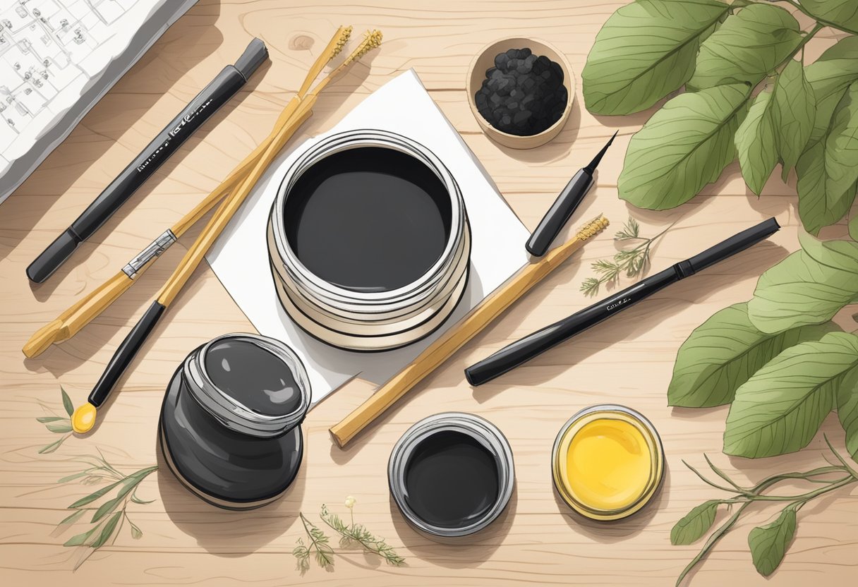 A small pot of beeswax and charcoal gel eyeliner sits on a wooden table surrounded by various natural ingredients and recipe notes