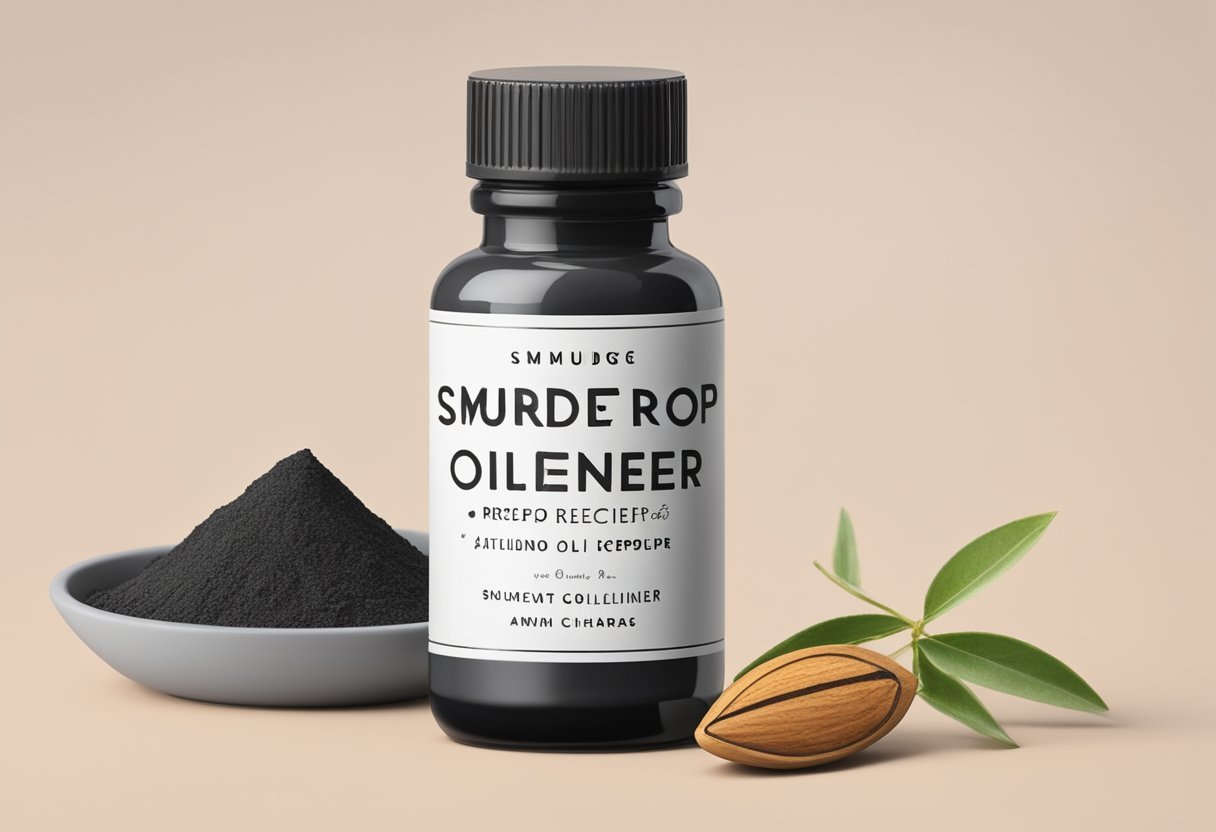 A small glass bottle of sweet almond oil sits next to a pile of activated charcoal powder, with a handwritten label reading "Smudge-Proof Eyeliner Recipe"