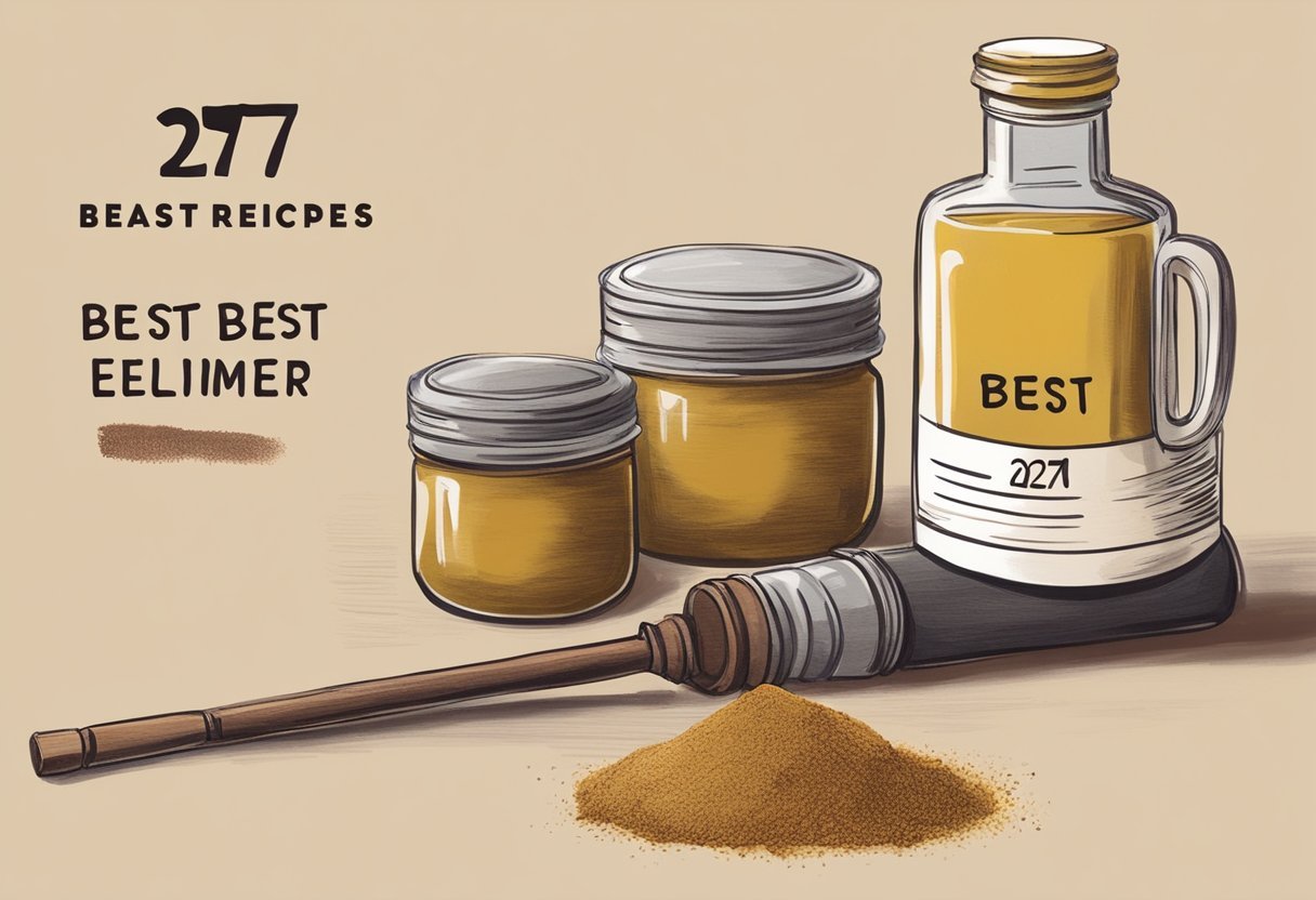 A bottle of olive oil next to a container of rust iron oxide red powder, with a handwritten label that reads "27 Best DIY Homemade Natural Eyeliner Recipes."